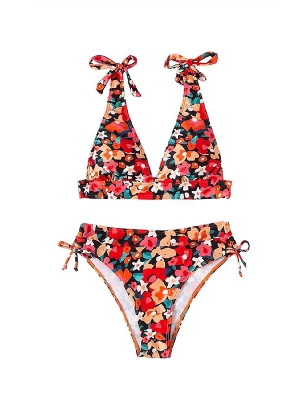 Colorful Floral Tie Strap Bikini Set High Waist Bottoms Summer Small